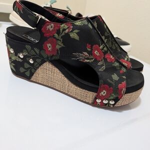 Corkys Black Floral Embroidered Slingback Wedge Sandals
